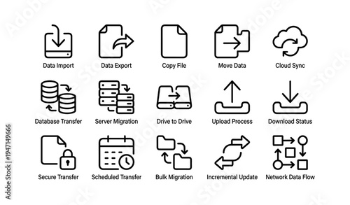 Data management icons: cloud sync, transfer, migration, update, network