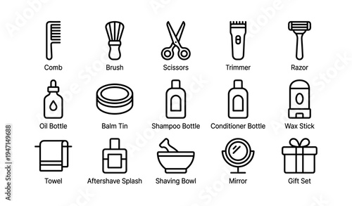 Barber tools icon set: comb, brush, scissors, trimmer, razor, and more