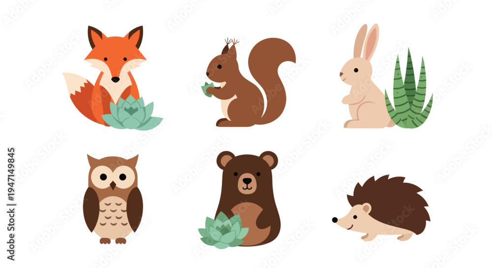 Fototapeta premium Cartoon forest animals with plants