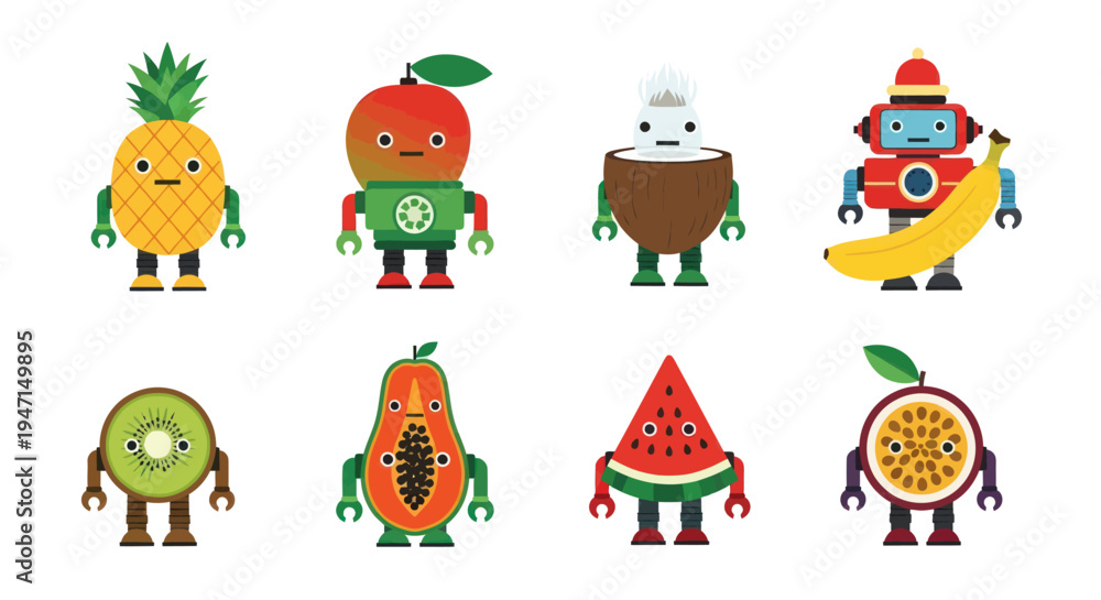 Obraz premium Cartoon fruit robots on white background