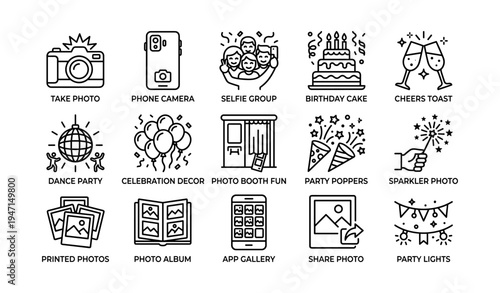 Celebratory icon set with camera, group selfie, cake, and party elements