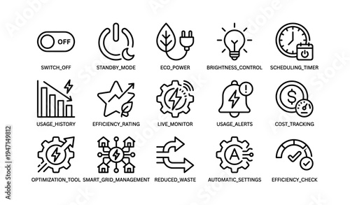 Energy management icon set: efficiency, eco power, usage alerts, cost tracking