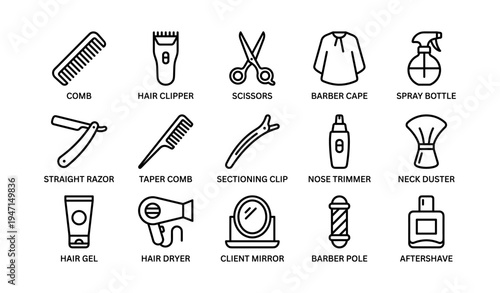 Barber tools icons - comb, clipper, scissors, cape, spray bottle set