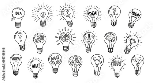 Set of Hand Drawn Light Bulb Icons for Creative Ideas and Innovation