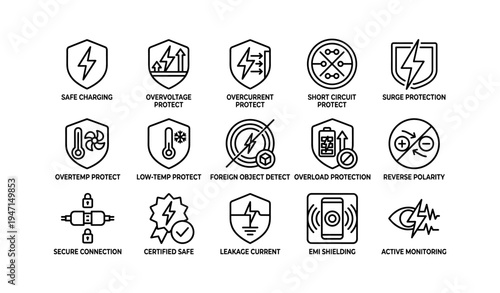 Electrical safety icons featuring overvoltage overcurrent short circuit protection