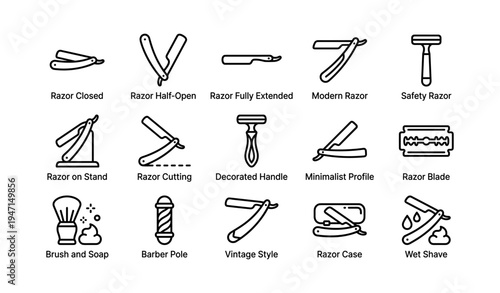 Razor types and tools icons: straight, safety, barber pole, blade, shave accessories