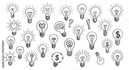 Hand Drawn Light Bulb Icons Set for Creative Ideas and Business Concepts