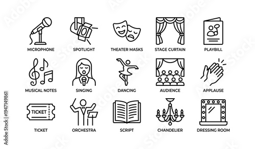 Theater icons: microphone, stage curtain, musical notes, orchestra, dancing
