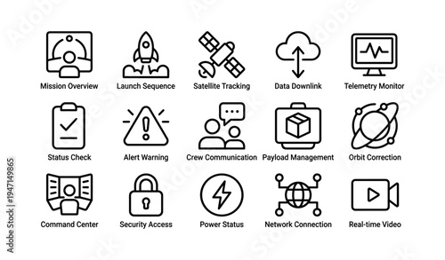 Technology icons: space mission operations and communication symbols