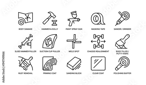Car repair tools icons for body damage and surface restoration