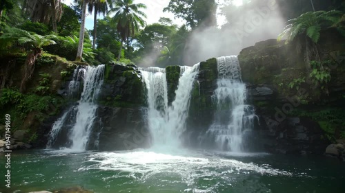 Tropical rainforest waterfall cascading down mossy rocks into crystal clear pool surrounded by