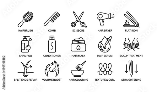 Hair styling and care icons: tools and treatments outline set