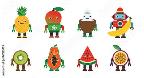 Cartoon fruit robots on white background