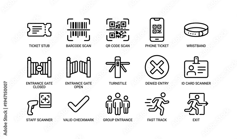 Fototapeta premium Ticketing and access control icons: barcode, qr code, turnstile, id scanner