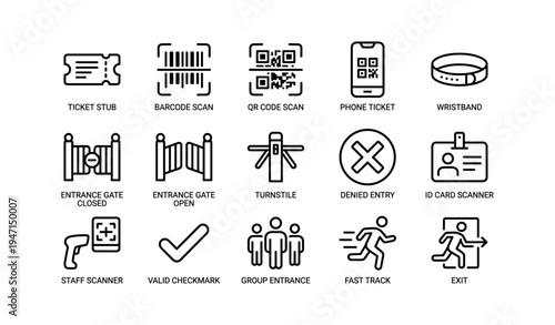 Ticketing and access control icons: barcode, qr code, turnstile, id scanner