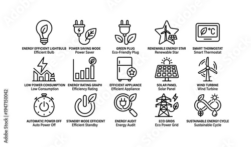 Energy saving icons: smart thermostat, solar panel, wind turbine, efficient bulb, power saver