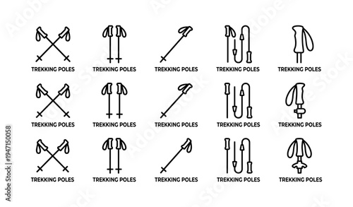 Various icon styles of trekking poles in multiple orientations