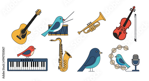 Cartoon musical instruments and birds