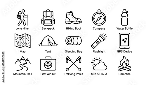 Essential hiking gear icons: backpack, compass, tent, map, flashlight