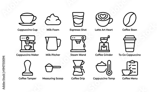 Coffee preparation icons featuring machinery, tools, and ingredients in line art style