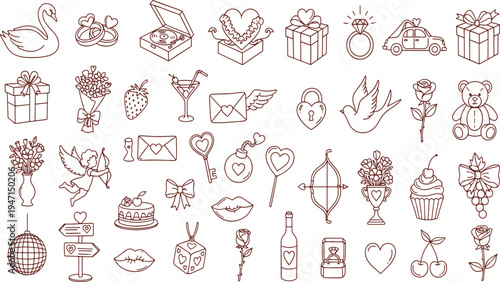 Romantic wedding love elements and Valentines Day celebration symbols collection featuring hearts flowers gifts and party favor hand drawn vector illustration doodle art