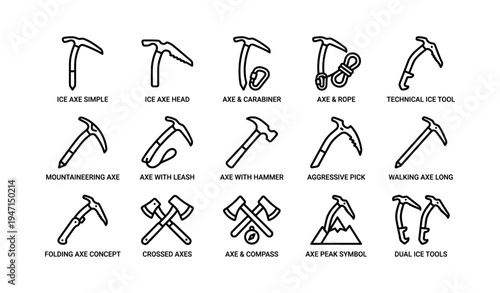 Collection of ice axe icons and tools for mountaineering and climbing
