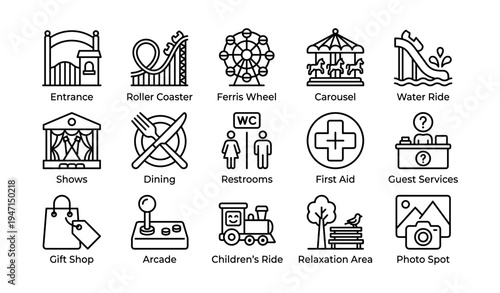 Amusement park symbols for rides attractions and services