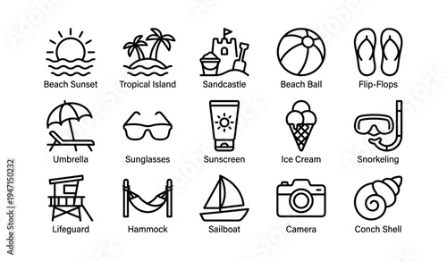 Summer beach icons: sunset, tropical island, sandcastle, beach ball, flip-flops