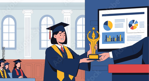 Graduation Ceremony Award Presentation Student Receiving Trophy.