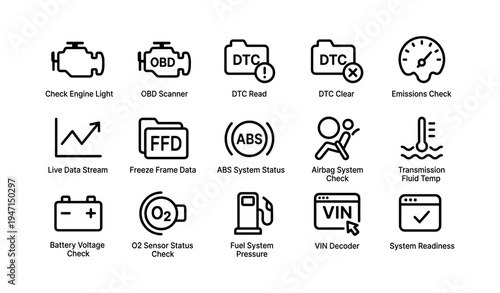 Automotive diagnostic icons for vehicle maintenance and system monitoring