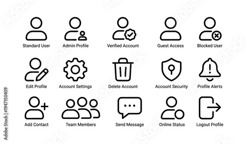 User account icons: profile, settings, security, alerts, communication