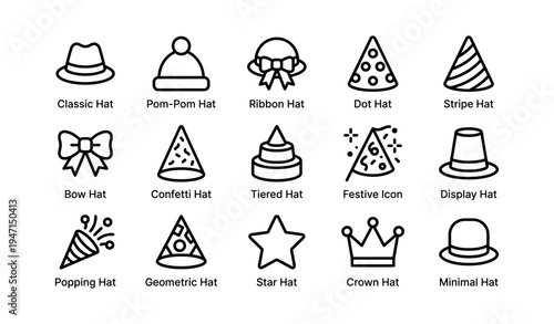 Collection of festive hats and icons including ribbon, star, and crown designs