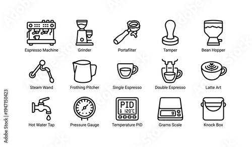 Essential coffee equipment icons for brewing and espresso enthusiasts
