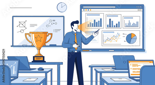 Man presenting business growth charts and trophy.