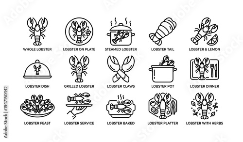 Lobster icon set: claws, cooking pots, platters, lobster tail, grilled lobster art