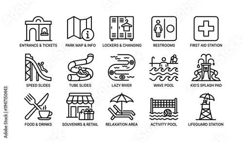 Water park facility icons including slides, restrooms, and first aid station
