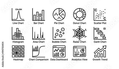 Collection of data visualization charts and graphs icons