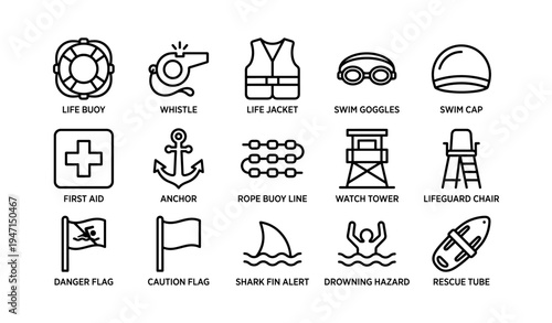 Lifeguard essentials: safety icons including life buoy, whistle, life jacket, swim goggles, and more
