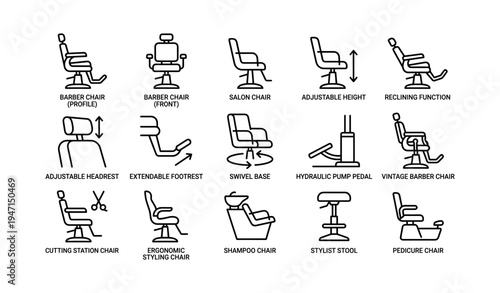 Barber and salon chair icons with adjustable features and accessories