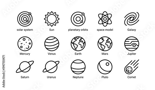 Illustrated solar system icons featuring planets, sun, and celestial bodies