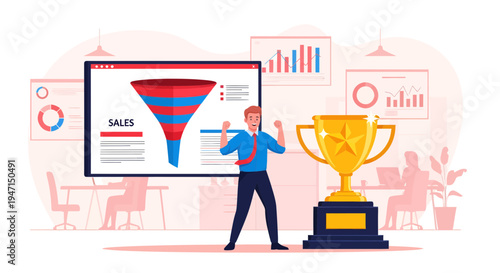 Successful businessman celebrating sales funnel achievement with trophy.