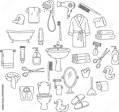 Bathroom interior accessories and personal hygiene products featuring shower equipment grooming tools and vanity essentials in hand drawn vector illustration doodle art
