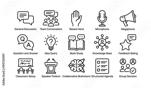 Collection of communication and idea icons featuring discussions and feedback tools