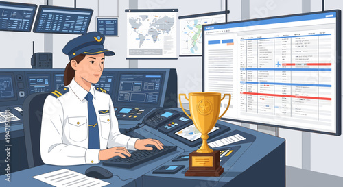 Woman in uniform working at control panel with trophy.