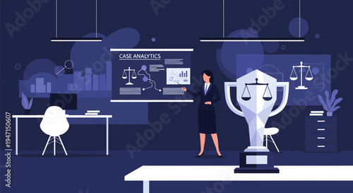 Woman lawyer standing proudly next to a large trophy.