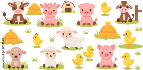 Cute Farm Animals Collection with Cow, Pig, Sheep, Lamb, and Yellow Chicks Sitting on Grass with Barn and Hay Bale Cartoon Vector Set