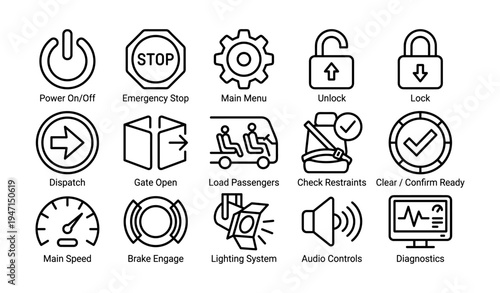 Set of 14 transportation and safety pictograms in black and white