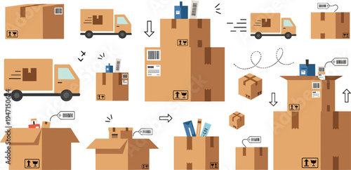 Logistics Delivery and Shipping Process Vector Set with Cardboard Boxes, Delivery Truck, Barcode Labels, Warehouse Packaging and Parcel Handling Icons