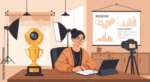 Woman working at desk with trophy and camera.