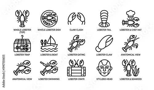 Lobster icons: dishes, activities, and anatomy in simple line art